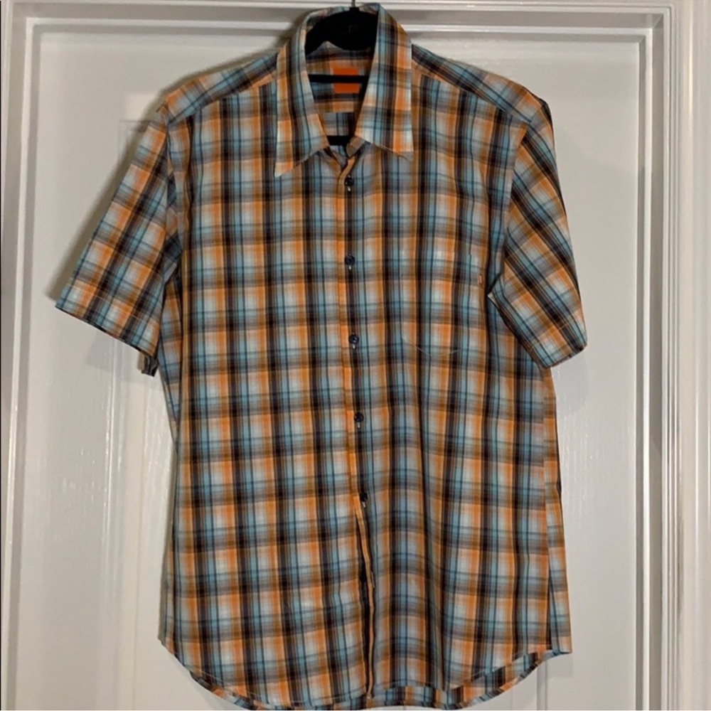 Hugo Boss Blue and Orange Plaid Casual Button Down Shirt M